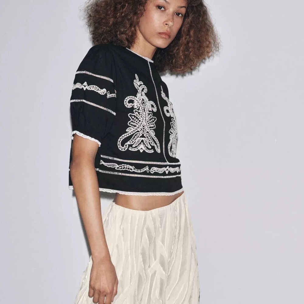Zara Black Top with White Embroidery